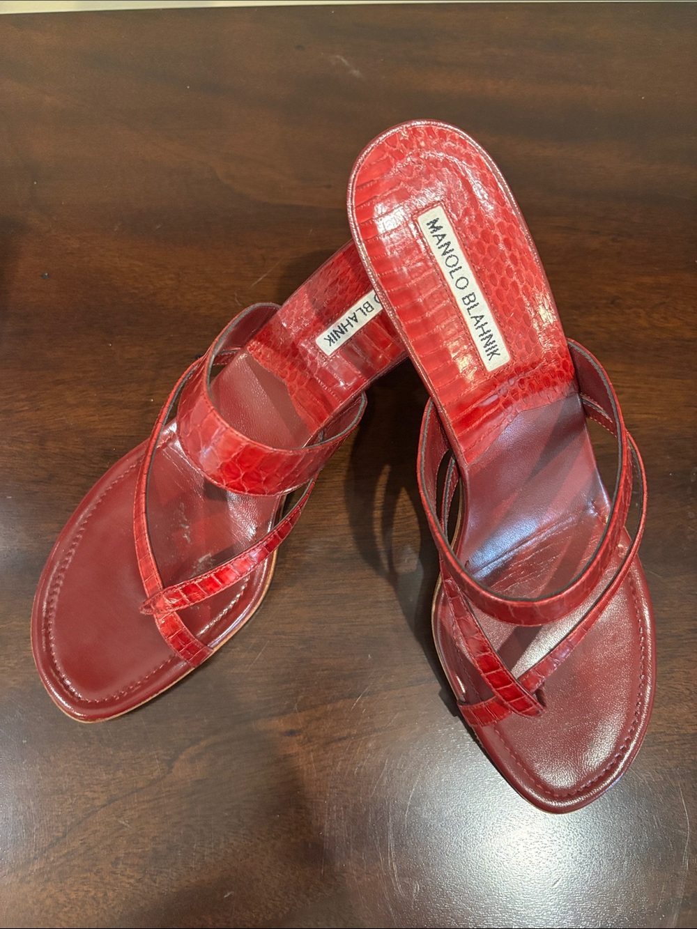 Manolo Blahnik Red Croc-Embossed Leather Slide Sandals